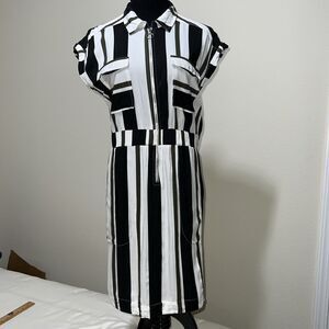 Tally Weijl Shirt Dress L Navy Khaki White Stripes Metal Zip Front Pockets Tie